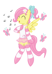 Size: 1785x2526 | Tagged: safe, artist:varijani, fluttershy, butterfly, pony, g4, alternate hairstyle, bow, clothes, cute, eyes closed, female, flower, flower in hair, hello kitty, leotard, music notes, open mouth, ponytail, sanrio, simple background, singing, skirt, smiling, socks, solo, striped socks, tank top, transparent background