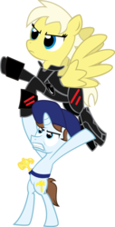 Size: 693x1367 | Tagged: safe, artist:alisonwonderland1951, pegasus, pony, unicorn, armor, calhoun, colt, duo, duo male and female, epic wife tossing, fastball special, female, fix-it felix jr., foal, hero's duty, horn, male, mare, simple background, spread wings, transparent background, wings, wreck-it ralph