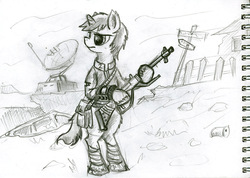 Size: 1024x731 | Tagged: safe, artist:agm, oc, oc only, oc:littlepip, pony, unicorn, fallout equestria, bag, bipedal, black and white, clothes, colored hooves, equestrian wasteland, fanfic, fanfic art, female, grayscale, gun, hooves, horn, jumpsuit, mare, monochrome, pipbuck, solo, vault suit, wasteland, weapon