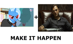 Size: 1176x700 | Tagged: safe, trixie, human, pony, g4, alicorn amulet, back with a vengeance, exploitable meme, eyepatch, irl, make it happen, meme, meta, photo, the governor, the walking dead