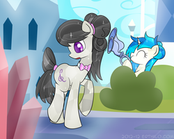 Size: 2500x2000 | Tagged: safe, artist:erthilo, dj pon-3, octavia melody, vinyl scratch, earth pony, pony, unicorn, ask octavia, g4, alternate hairstyle, ask, crystal empire, crystallized, duo, duo female, female, flugelhorn, looking back, mare, tail wrap, tumblr