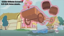 Size: 1598x900 | Tagged: safe, edit, edited screencap, screencap, shoeshine, g4, magic duel, apple, wagon, wilhelm scream