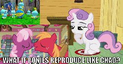 Size: 978x510 | Tagged: safe, edit, edited screencap, screencap, big macintosh, cheerilee, sweetie belle, chao, earth pony, pony, g4, hearts and hooves day (episode), one bad apple, animated, caption, crossover, headcanon, image macro, male, ship:cheerimac, shipping, sonic adventure, sonic the hedgehog, sonic the hedgehog (series), stallion, straight