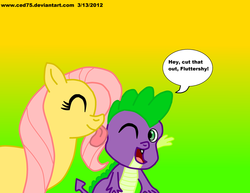 Size: 825x637 | Tagged: safe, fluttershy, spike, g4, licking, ship:flutterspike, shipping