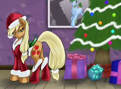 Size: 7616x5561 | Tagged: safe, artist:phlar1245, applejack, oc, earth pony, pony, g4, absurd resolution, bedroom eyes, boots, christmas tree, clothes, female, hat, hoof boots, looking at you, mare, present, saddle, santa costume, santa hat, secret santa, tree