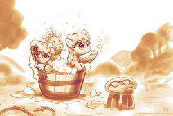 Size: 1200x800 | Tagged: safe, artist:kp-shadowsquirrel, diamond tiara, silver spoon, pig, g4, bath, glasses, tiara, wet mane