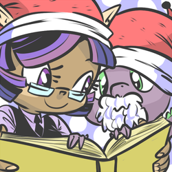 Size: 450x450 | Tagged: dead source, safe, artist:tess, spike, twilight sparkle, g4, christmas, glasses, hat, humanized, santa hat