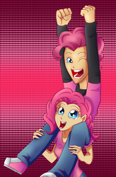 Size: 600x913 | Tagged: safe, artist:icedroplet, pinkie pie, human, g4, bubble berry, converse, duo, female, humanized, male, r63 paradox, riding, rule 63, self paradox, self ponidox, shoes