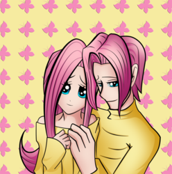 Size: 800x807 | Tagged: safe, artist:icedroplet, fluttershy, human, g4, butterscotch, duo, female, humanized, male, r63 paradox, rule 63, self ponidox