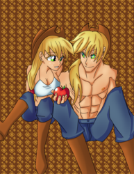 Size: 600x777 | Tagged: safe, artist:icedroplet, applejack, human, g4, abs, apple, applejack (male), applejacked, breasts, busty applejack, cleavage, duo, female, hatless, humanized, male, missing accessory, muscles, rule 63, self ponidox, selfcest, ship:applejacks, shipping, straight