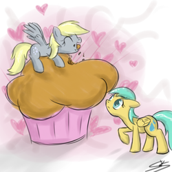 Size: 900x900 | Tagged: safe, artist:speccysy, derpy hooves, sunshower raindrops, pegasus, pony, g4, female, impossibly large muffin, mare, muffin, that pony sure does love muffins