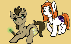 Size: 640x400 | Tagged: safe, artist:boredtabletfilly, doctor whooves, time turner, earth pony, pony, g4, amy pond, doctor who, duo, female, freckles, male, mare, orange background, pond, ponified, raised hoof, simple background, sonic screwdriver, stallion