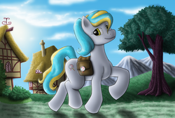 Size: 1000x672 | Tagged: safe, artist:anadukune, oc, oc only, oc:fact finder, pony, house, mountain, saddle bag, solo, tree