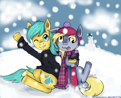 Size: 900x728 | Tagged: safe, artist:lovethemess, derpy hooves, sunshower raindrops, pegasus, pony, g4, clothes, duo, female, hat, mare, scarf, snow, snowfall, snowpony, sweater, winter
