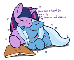 Size: 606x492 | Tagged: safe, artist:0r0ch1, trixie, twilight sparkle, pony, unicorn, g4, blushing, book, cuddling, cute, daaaaaaaaaaaw, diabetes, dialogue, diatrixes, eyes closed, female, floating heart, floppy ears, heart, hnnng, horn, lesbian, mare, prone, ship:twixie, shipping, simple background, twiabetes, white background