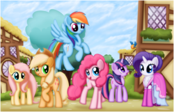 Size: 1400x900 | Tagged: safe, artist:ctb-36, applejack, fluttershy, orange bird, pinkie pie, rainbow dash, rarity, twilight sparkle, pony, g4, too many pinkie pies, alternate hairstyle, clothes, dress, mane six