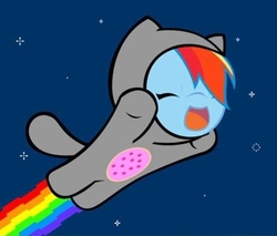 Size: 500x426 | Tagged: safe, artist:sociox, rainbow dash, pony, g4, catsuit, clothes, costume, crossover, cute, dashabetes, eyes closed, female, flying, meme, nyan cat, nyan dash, open mouth, smiling, solo