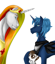 Size: 600x688 | Tagged: safe, artist:icedroplet, pipsqueak, princess celestia, princess luna, alicorn, earth pony, pony, g4, armor, female, male, pipi, prince artemis, prince solaris, royal brothers, rule 63, ship:lunapip, shipping, simple background, stallion, straight, trio, uncanny valley, white background
