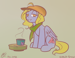 Size: 800x623 | Tagged: safe, artist:cobaltsnow, lily blossom, pegasus, pony, g4, clothes, concept art, cup, drink, hat, scarf