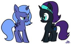 Size: 1254x784 | Tagged: safe, artist:bananimationofficial, princess luna, oc, oc:nyx, alicorn, pony, fanfic:past sins, g4, filly, time paradox, woona