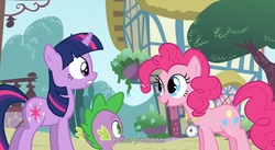 Size: 1579x863 | Tagged: safe, edit, edited screencap, screencap, pinkie pie, spike, twilight sparkle, dragon, earth pony, pony, unicorn, g4, too many pinkie pies, caption, clock, female, implied prostitution, male, mare, youtube caption, youtube link