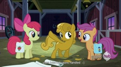 Size: 1569x865 | Tagged: safe, screencap, apple bloom, scootaloo, sweetie belle, g4, cutie mark crusaders, hub logo, saddle bag, sweetie gold, youtube caption, youtube link