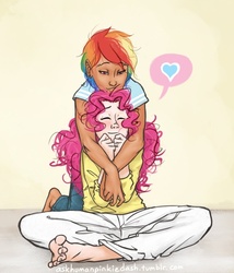 Size: 500x583 | Tagged: safe, pinkie pie, rainbow dash, human, ask human pinkie pie and rainbow dash, g4, ask, dark skin, female, hug, humanized, lesbian, ship:pinkiedash, shipping