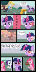 Size: 4982x10000 | Tagged: safe, artist:hatbulbproductions, lyra heartstrings, pinkie pie, rarity, snails, snips, trixie, twilight sparkle, earth pony, pony, unicorn, g4, absurd resolution, age progression, age regression, age spell, baby, baby pony, baby snips, comic, dragon ball, dragon ball z, elderly, elderly snails, eldery snails, foal, glasses, lame, looney tunes, no mouth, no nose, over 9000, scouter, talking with signs, unicorn twilight, vegeta