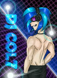 Size: 900x1236 | Tagged: safe, artist:icedroplet, dj pon-3, vinyl scratch, human, g4, clothes, deviantart watermark, humanized, male, obtrusive watermark, record scrape, rule 63, solo, topless, watermark