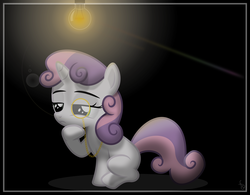 Size: 7387x5773 | Tagged: safe, artist:flutterguy317, sweetie belle, g4, absurd resolution, black background, lightbulb, monocle, simple background, thinking, thinking spot, vector