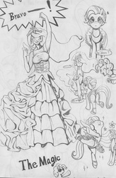 Size: 1052x1600 | Tagged: safe, artist:10307, fluttershy, pinkie pie, princess celestia, human, pony, g4, armpits, ballet, bipedal, butt, clothes, costume, dancing, flutterina, human ponidox, humanized, monochrome, pixiv, plot, tutu