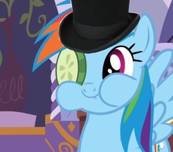 Size: 442x389 | Tagged: safe, edit, rainbow dash, g4, cucumber monocle, fancy, hat, top hat