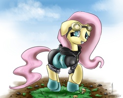 Size: 2834x2267 | Tagged: safe, artist:1vladislav, fluttershy, pegasus, pony, g4, bunny ears, clothes, dangerous mission outfit, female, goggles, hoodie, mare, mushroom, shirt, solo