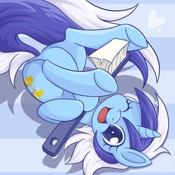 Size: 3000x3000 | Tagged: safe, artist:steffy-beff, minuette, pony, unicorn, g4, beautiful, brushie, cute, featureless crotch, female, mare, minubetes, on back, one eye closed, open mouth, piledriver, solo, that pony sure does love toothbrushes, toothbrush, underhoof, wink