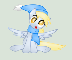 Size: 600x500 | Tagged: safe, artist:idsmehlite, derpy hooves, pegasus, pony, g4, clothes, colored pupils, cute, female, hat, looking at you, mare, scarf, simple background, sitting, spread wings, tongue out, wings
