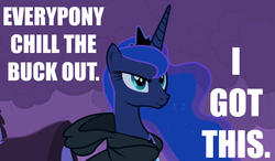 Size: 1200x700 | Tagged: safe, edit, edited screencap, screencap, princess luna, pony, g4, luna eclipsed, caption, cloak, clothes, female, image macro, solo