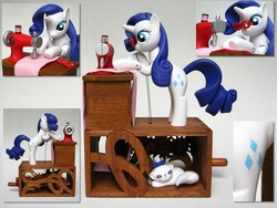 Size: 2816x2112 | Tagged: safe, artist:renegadecow, opalescence, rarity, g4, automaton, customized toy, cute, glasses, irl, photo, raribetes, sculpture, sewing, sewing machine, solo, wood, woodwork
