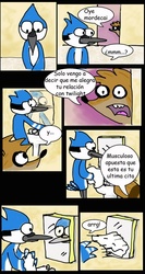 Size: 546x1024 | Tagged: safe, artist:nicte-ha, barely pony related, crossover shipping, male, mordecai, mordecai and rigby, mordetwi, regular show, rigby (regular show), spanish