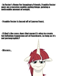 Size: 595x800 | Tagged: safe, oc, oc only, oc:fausticorn, alicorn, pony, debate, drama, drama bomb, expansion, fat, female, floppy ears, foster's home for imaginary friends, frankie foster, frown, horn, lauren faust, male, mare, meta, question, simple background, text, unamused, white background