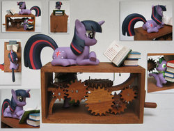 Size: 900x675 | Tagged: safe, artist:renegadecow, spike, twilight sparkle, g4, automaton, book, customized toy, irl, photo, reading, sculpture, woodwork