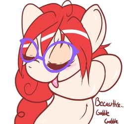 Size: 600x600 | Tagged: safe, artist:mooshilee, twist, pony, ask sexy twist, g4, :p, bipedal, blushing, cute, eyes closed, female, glasses, gobble, simple background, smiling, solo, tongue out, white background