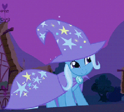 Size: 349x315 | Tagged: safe, edit, edited screencap, screencap, trixie, pony, unicorn, g4, magic duel, animated, annoyed grunt, cape, clothes, d'oh, faceplant, female, hat, mare, tripsie, trixie's cape, trixie's hat, zas