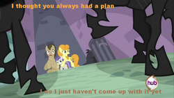 Size: 1024x576 | Tagged: safe, edit, edited screencap, screencap, carrot top, doctor whooves, golden harvest, time turner, tornado bolt, changeling, earth pony, pony, a canterlot wedding, g4, caption, female, filly, hub logo, image macro, male, mare, stallion, trash can