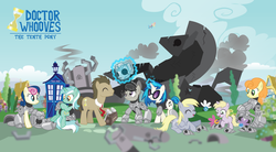 Size: 1600x883 | Tagged: safe, artist:trotsworth, bon bon, carrot top, derpy hooves, dinky hooves, dj pon-3, doctor whooves, fluttershy, golden harvest, lyra heartstrings, octavia melody, rainbow dash, sweetie drops, time turner, vinyl scratch, cyber pony, cyberman, cyborg, earth pony, parasprite, pegasus, pony, unicorn, g4, background six, crossover, doctor who, drawing, female, hand, implied scootaloo, male, mare, muffin, stallion, tardis, that pony sure does love hands, that pony sure does love muffins, the doctor