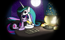 Size: 1284x800 | Tagged: safe, artist:redmanepony, princess celestia, twilight sparkle, alicorn, pony, unicorn, g4, book, female, fireplace, lying down, mare, moon, prone, unicorn twilight