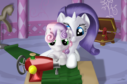 Size: 4500x3000 | Tagged: safe, artist:scali, rarity, sweetie belle, g4, sewing, sewing machine
