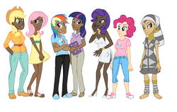 Size: 800x505 | Tagged: safe, artist:wednesdaylaw, applejack, fluttershy, pinkie pie, rainbow dash, rarity, twilight sparkle, zecora, human, g4, book, clothes, dark skin, dress, humanized, light skin, mane six, midriff, sandals, simple background, white background, white zecora