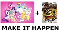 Size: 976x532 | Tagged: safe, applejack, fluttershy, pinkie pie, princess celestia, rainbow dash, rarity, twilight sparkle, g4, all caps, crossover, exploitable meme, football, make it happen, male, mane six, mario, mario strikers charged, meme, meta, my little pony logo, super mario, super mario strikers