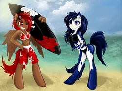 Size: 1500x1125 | Tagged: safe, artist:cruelseptember, oc, oc only, anthro, bikini, clothes, surfboard, surfing, swimsuit