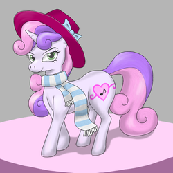 Size: 1000x1000 | Tagged: safe, artist:パルナス, sweetie belle, pony, unicorn, g4, alternate cutie mark, clothes, cutie mark, female, gray background, hat, horn, looking at you, mare, older, older sweetie belle, pixiv, scarf, simple background, smiling, solo, striped scarf, tail